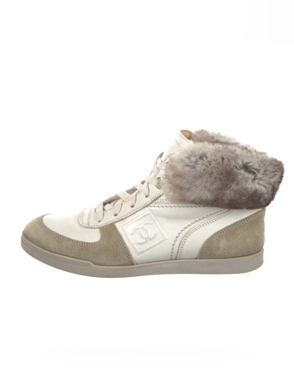 CHANEL White & Taupe Fur-Trim High-Top Sneaker size 7. Includes Box and Dust bag